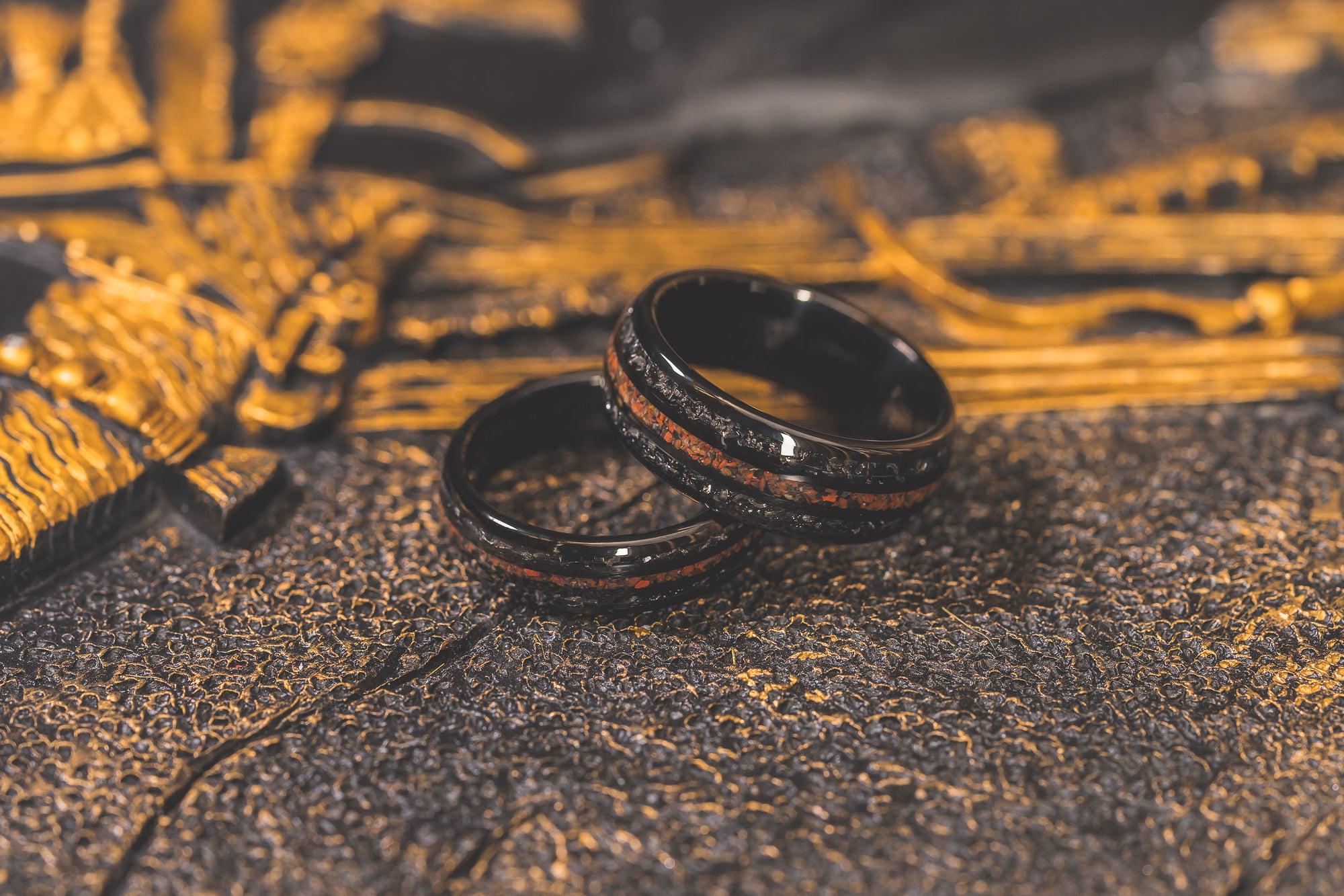 "Perseus" Black Domed Tungsten Carbide Ring- Dinosaur Bones and Meteorite- 6mm/8mm