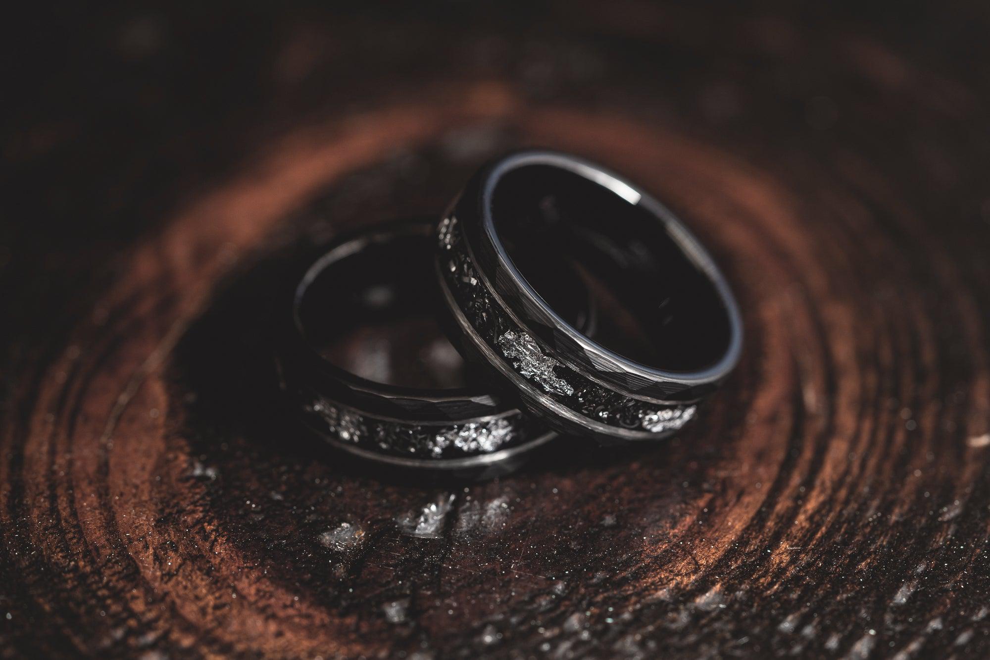 "Zeus" Hammered Tungsten Carbide Ring- Black w/ Meteorite & White Gold Leaf- 6mm/8mm