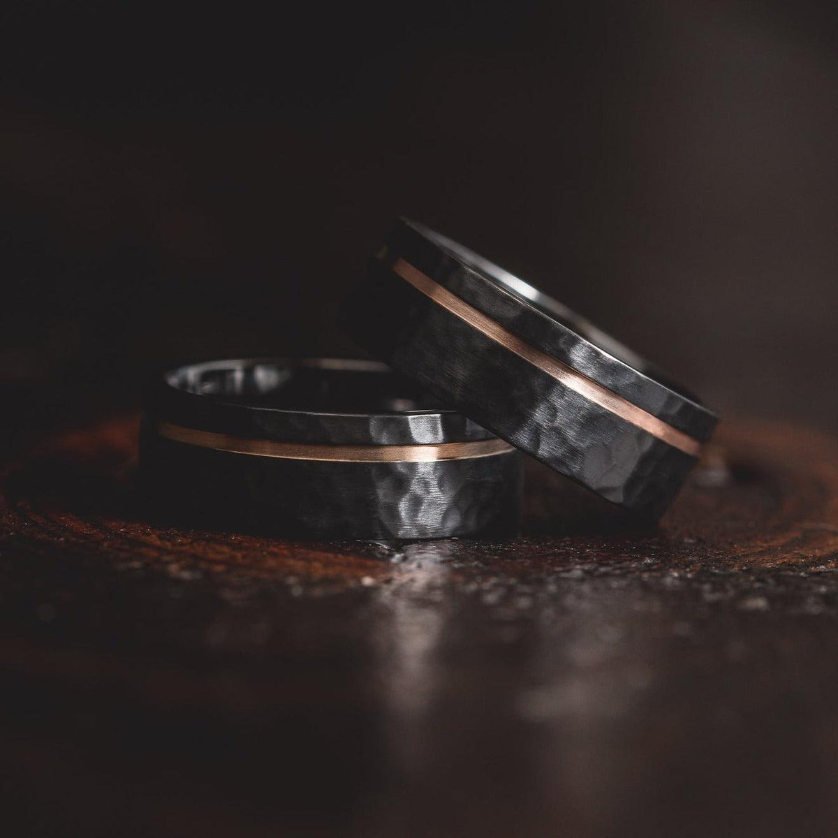 &quot;Hades&quot; Hammered Black Zirconium x Rose Gold strip- 8mm