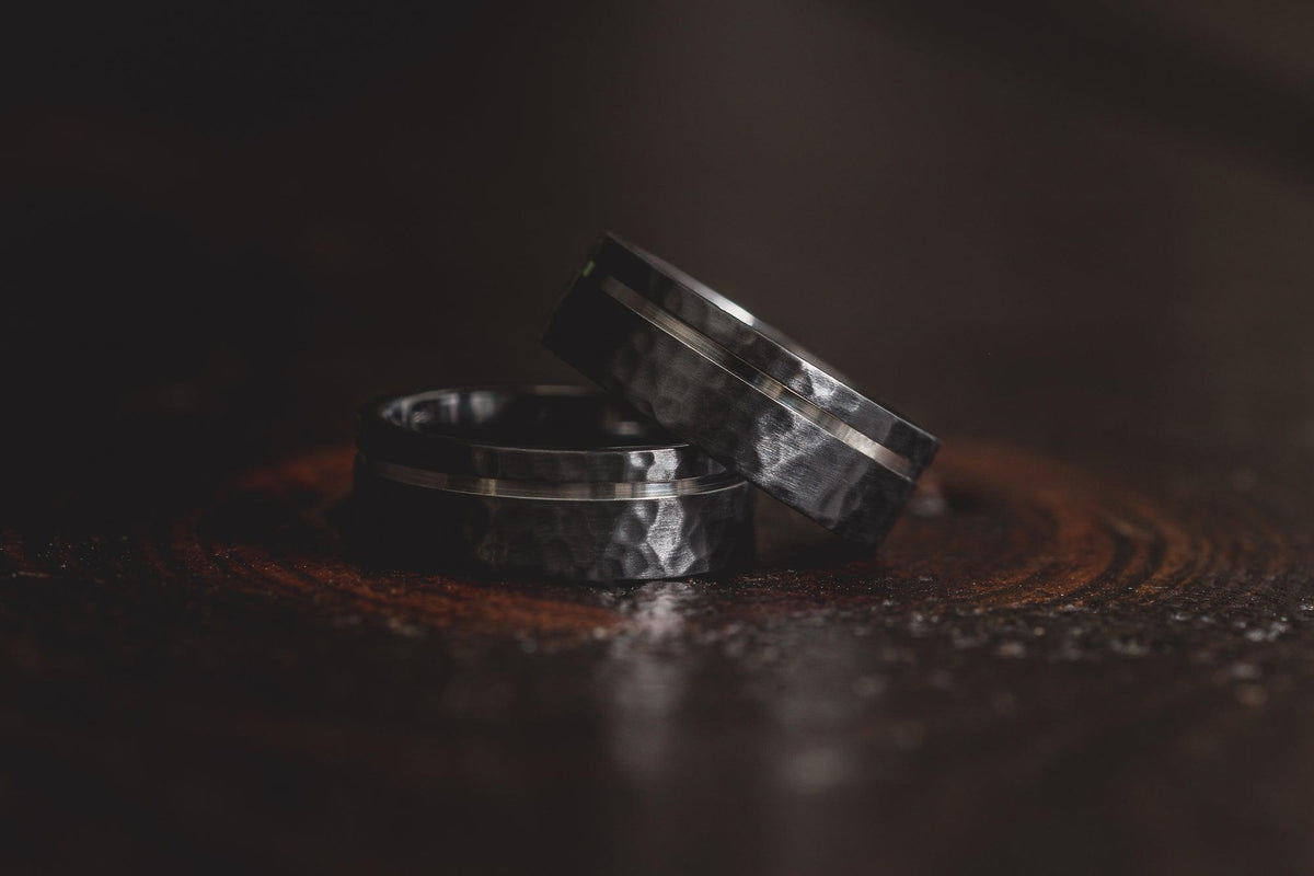 "Hades" Hammered Black Zirconium x Silver Strip- 8mm