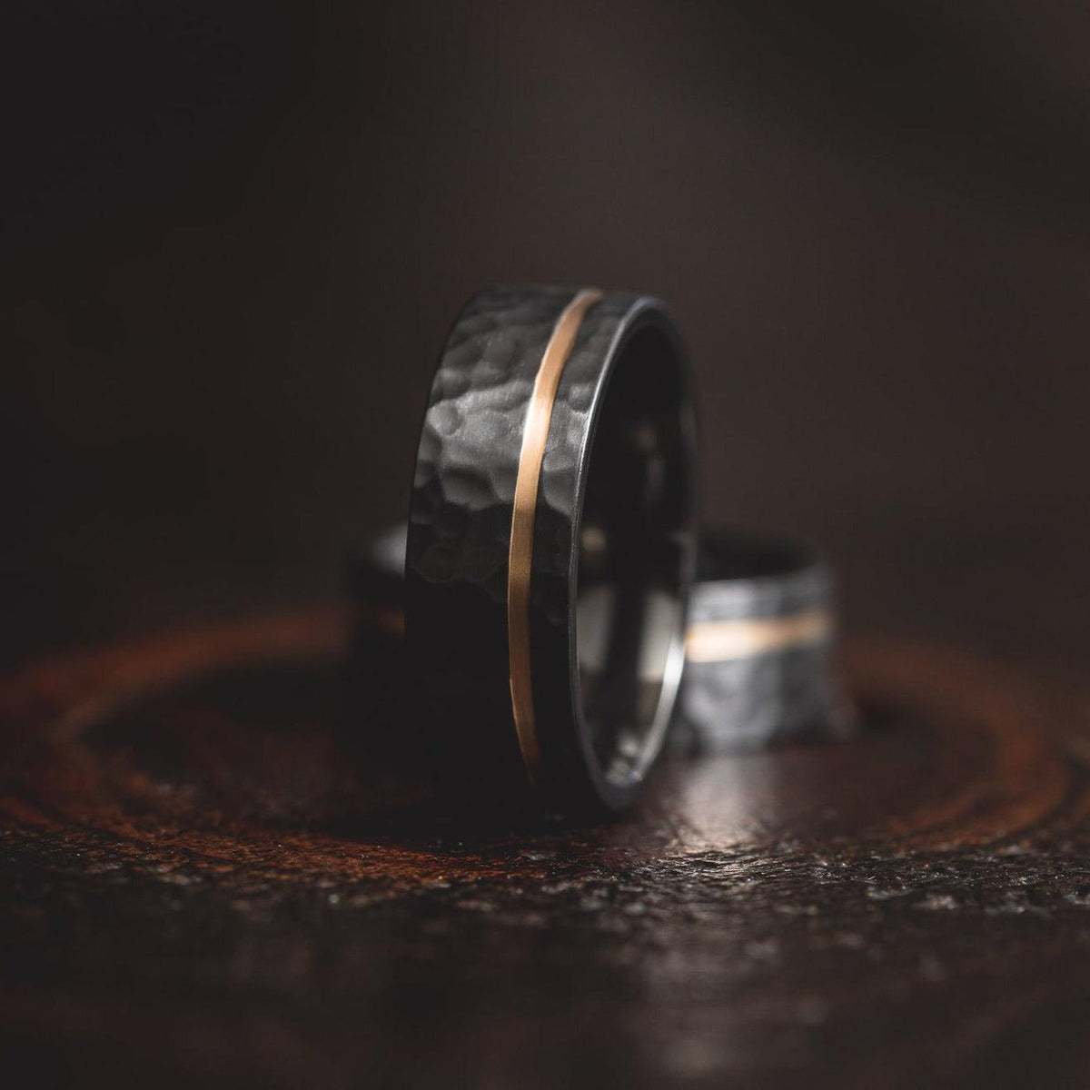 &quot;Hades&quot; Hammered Black Zirconium x Yellow Gold strip- 8mm