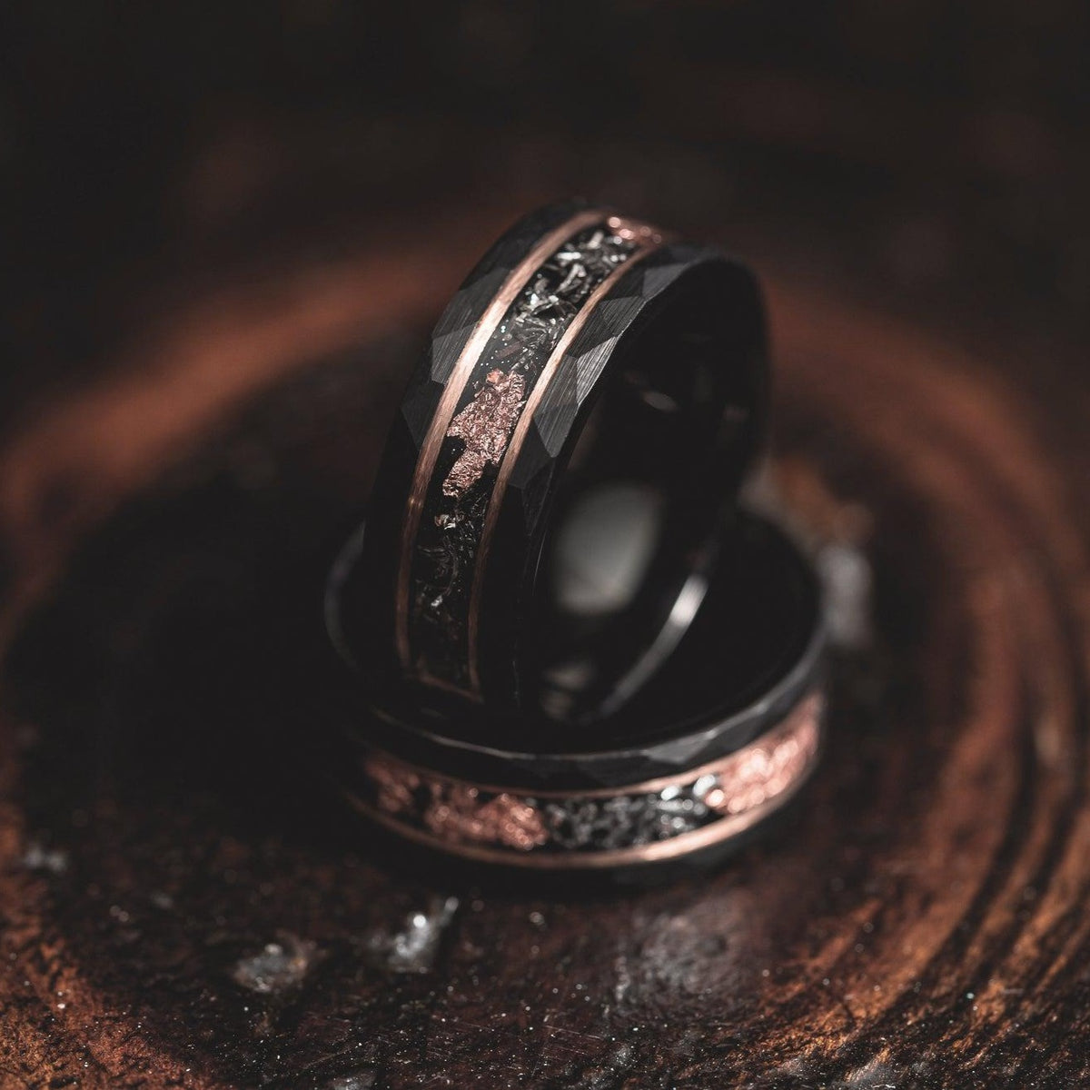 &quot;Zeus&quot; Hammered Tungsten Carbide Ring- Black w/ Meteorite &amp; Rose Gold Leaf- 6mm/8mm