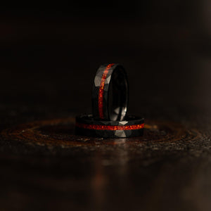 "Zeus" Womens Hammered Tungsten Carbide Ring- Black w/ Red Opal Strip- 5mm