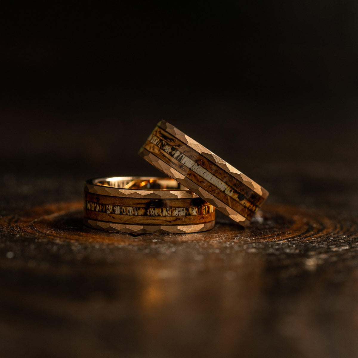 "Zeus" Hammered Ring- Rose Gold with Charred Whiskey Barrel and Antler 6mm/8mm