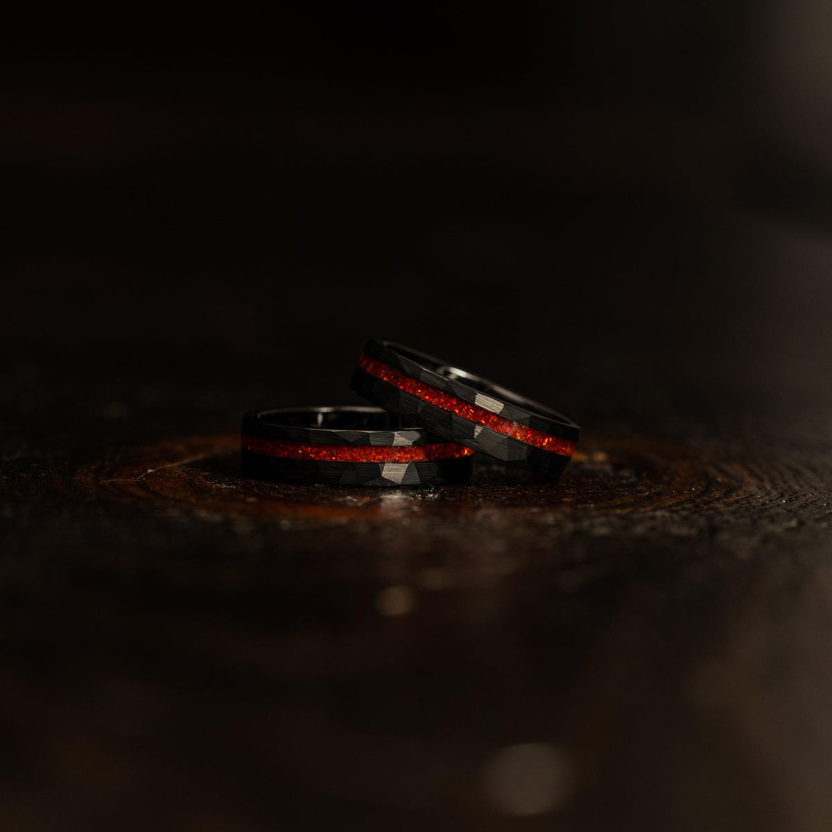 "Zeus" Womens Hammered Tungsten Carbide Ring- Black w/ Red Opal Strip- 5mm