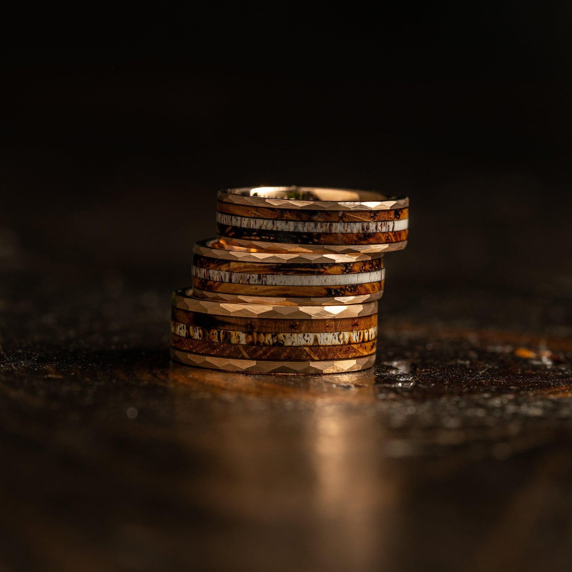 "Zeus" Hammered Ring- Rose Gold with Charred Whiskey Barrel and Antler 6mm/8mm