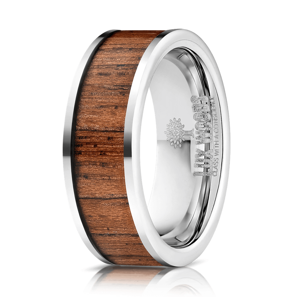 "Apollo" Silver Tungsten Sapele Wood Inlay Ring-Rings By Lux