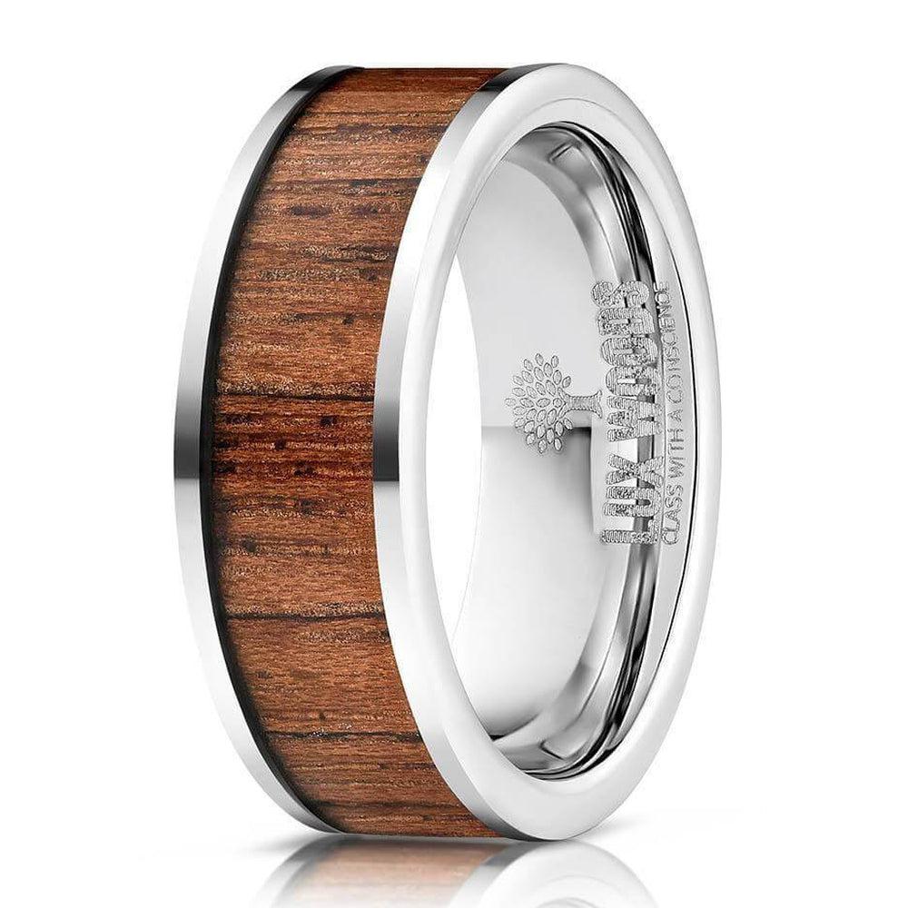 "Apollo" Silver Tungsten Sapele Wood Inlay Ring-Rings By Lux