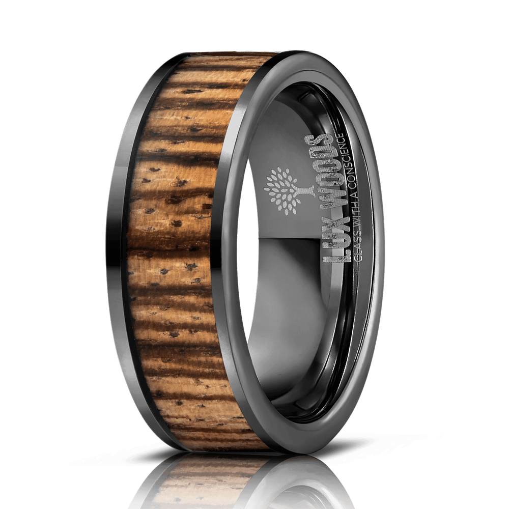 "Apollo" Gunmetal Tungsten Zebrawood Inlay Ring-Rings By Lux