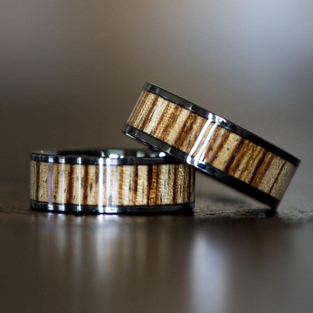 &quot;Apollo&quot; Gunmetal Tungsten Zebrawood Inlay Ring-Rings By Lux