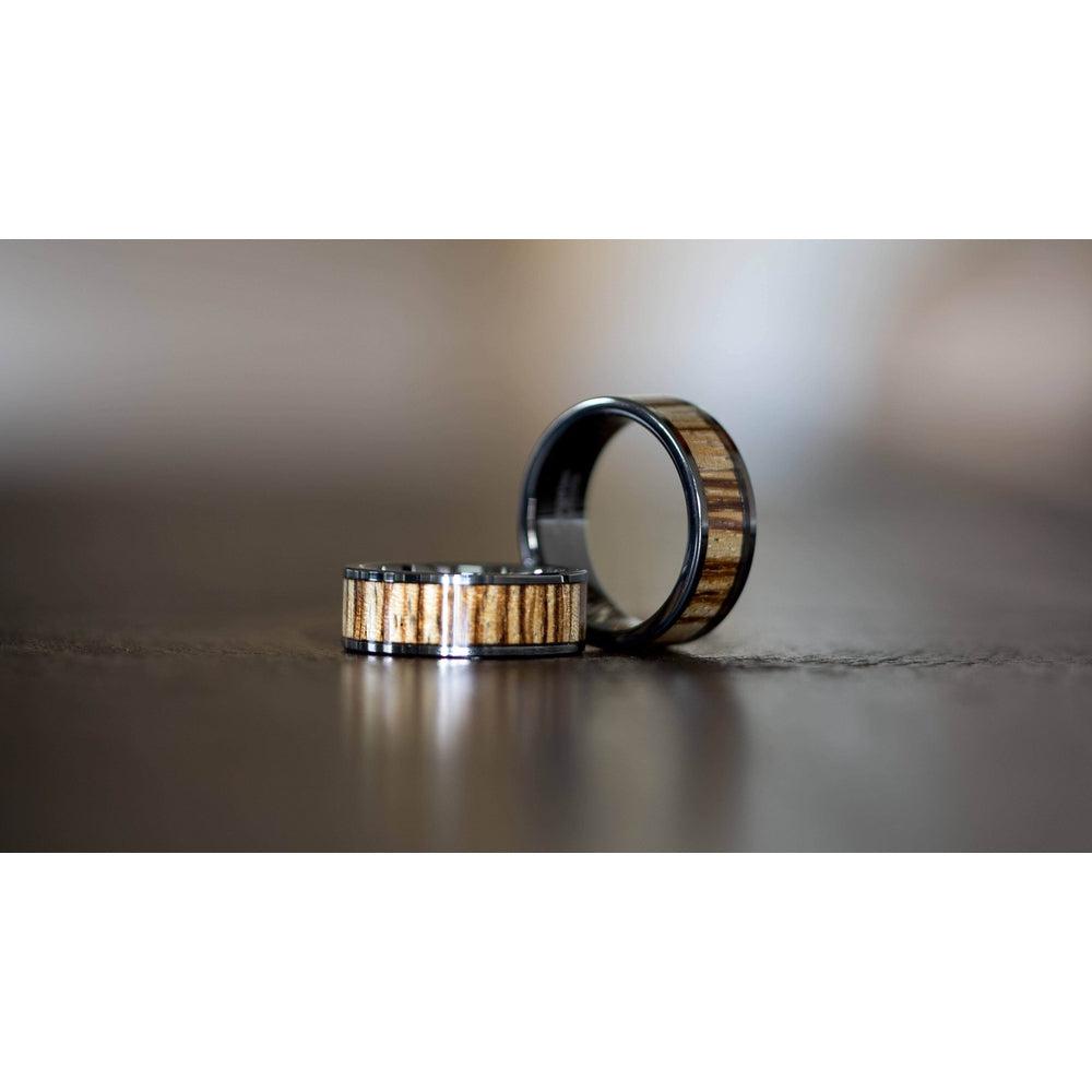 "Apollo" Gunmetal Tungsten Zebrawood Inlay Ring-Rings By Lux