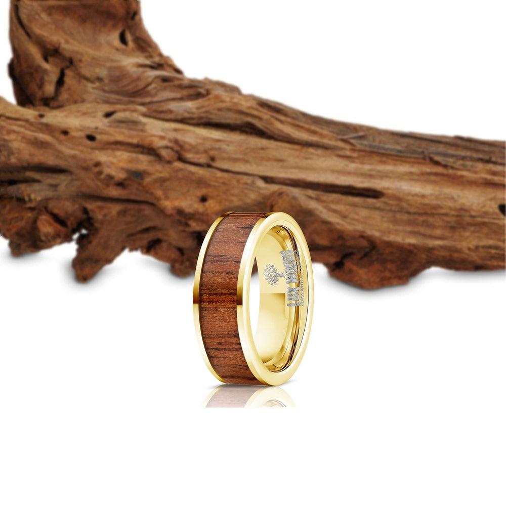 "Apollo" Yellow Gold Sapele Wood Inlay Ring-Rings By Lux