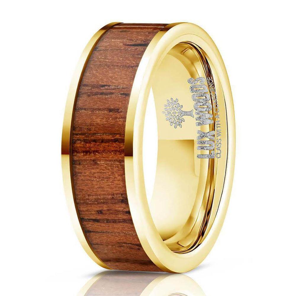 "Apollo" Yellow Gold Sapele Wood Inlay Ring-Rings By Lux