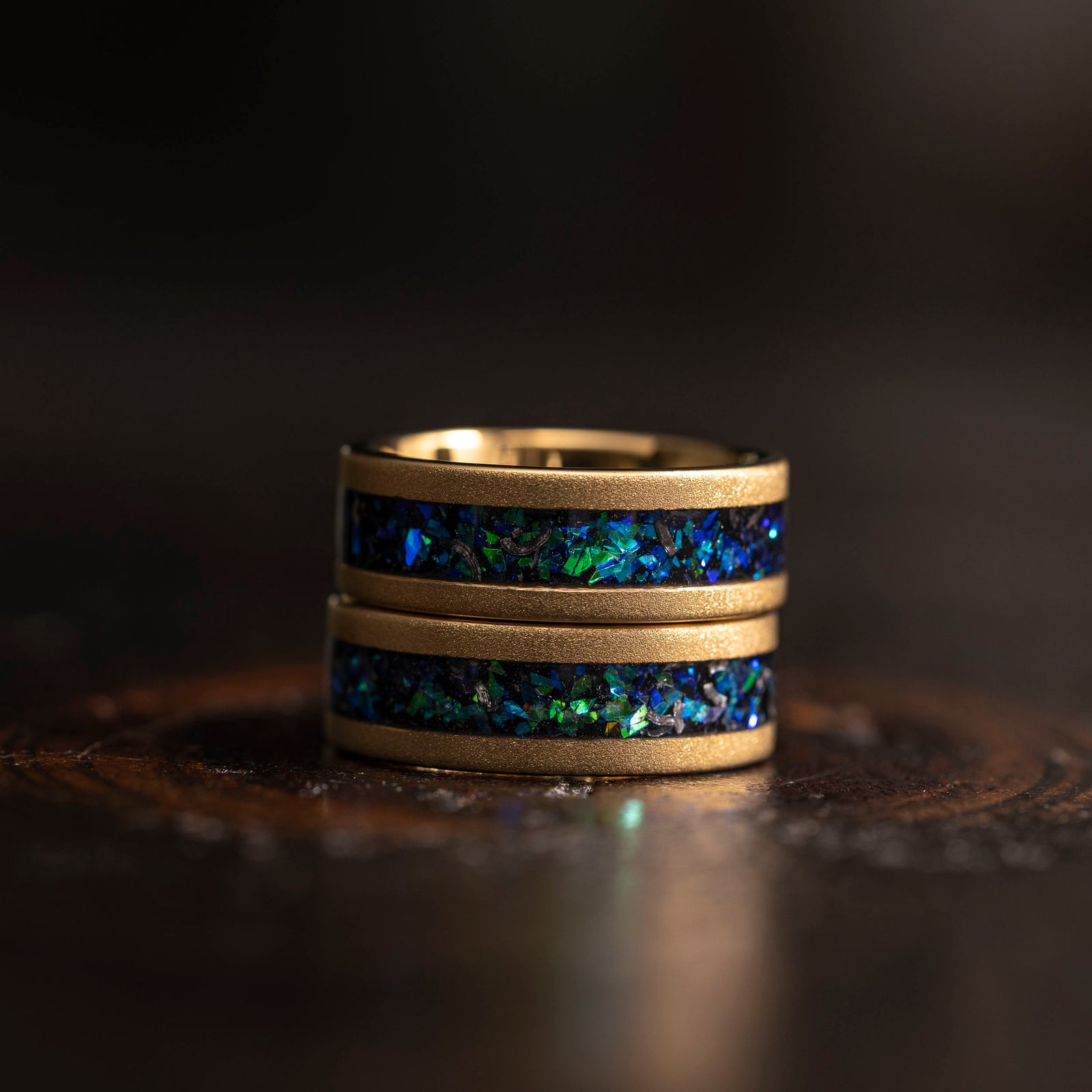 "Zeus" Flat Gold Nebula Ring Green Blue- Meteorite and Opal- Gold 8mm