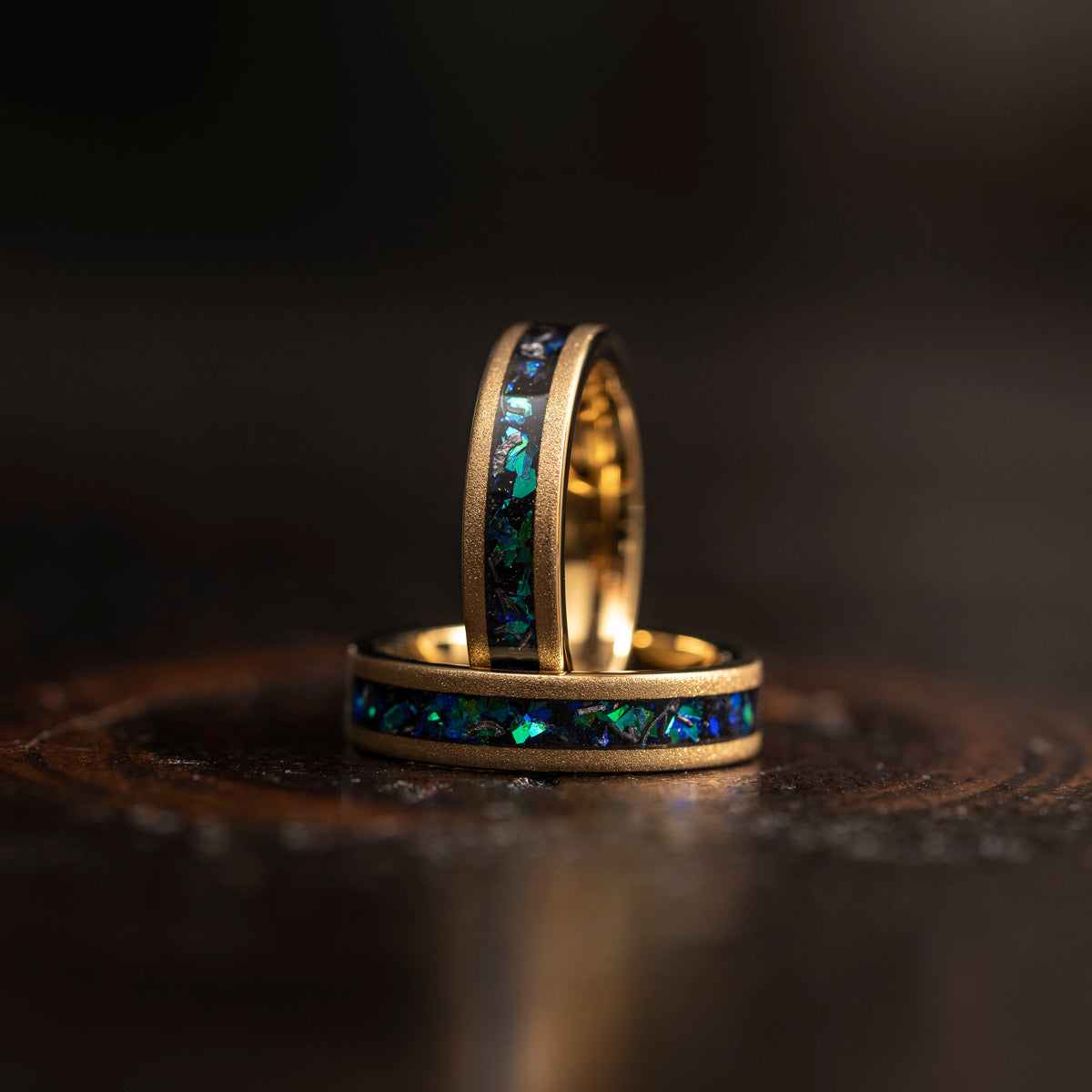 &quot;Zeus&quot; Flat Green Blue Nebula Ring- Meteorite and Opal- Gold Tungsten 5mm Womens