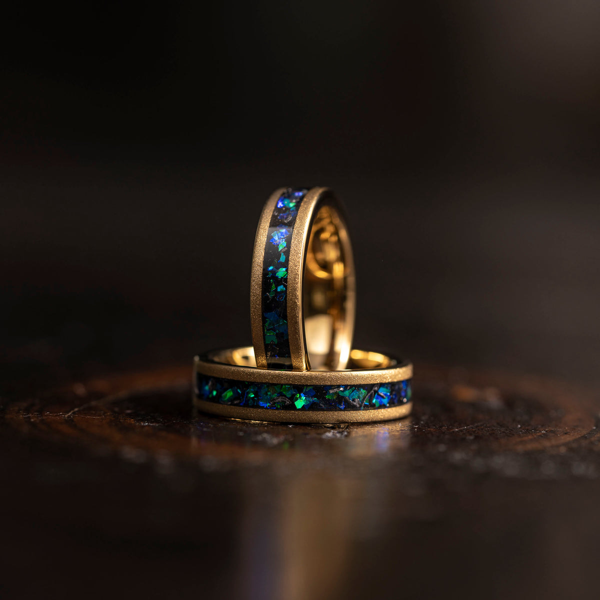 "Zeus" Flat Green Blue Nebula Ring- Meteorite and Opal- Gold Tungsten 5mm Womens