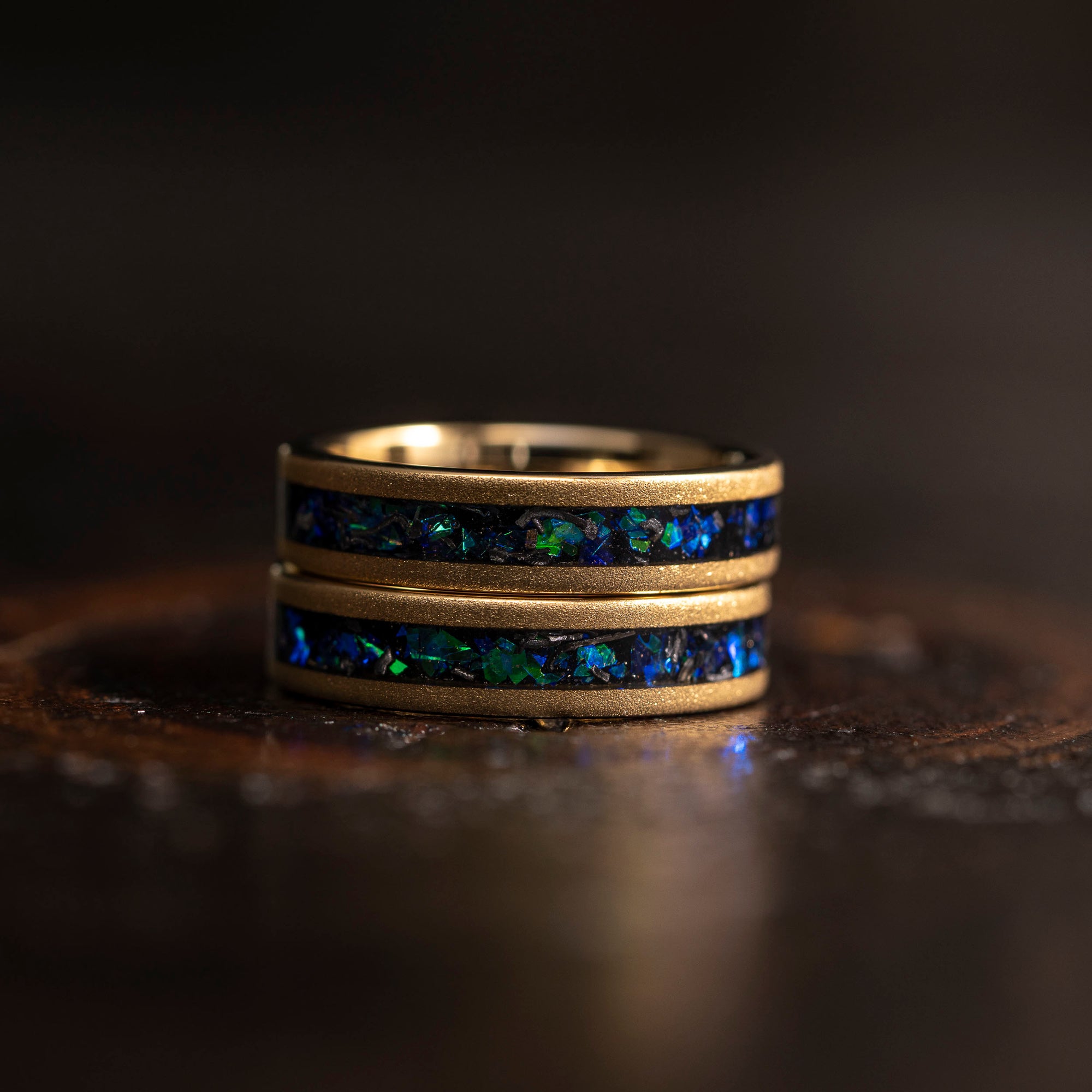 "Zeus" Flat Green Blue Nebula Ring- Meteorite and Opal- Gold Tungsten 5mm Womens