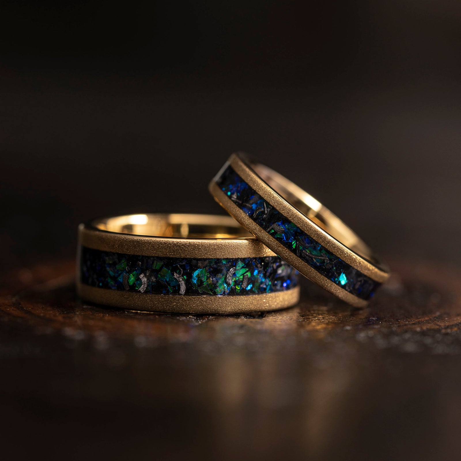 "Zeus" Flat Gold Nebula Ring Green Blue- Meteorite and Opal- Gold 8mm