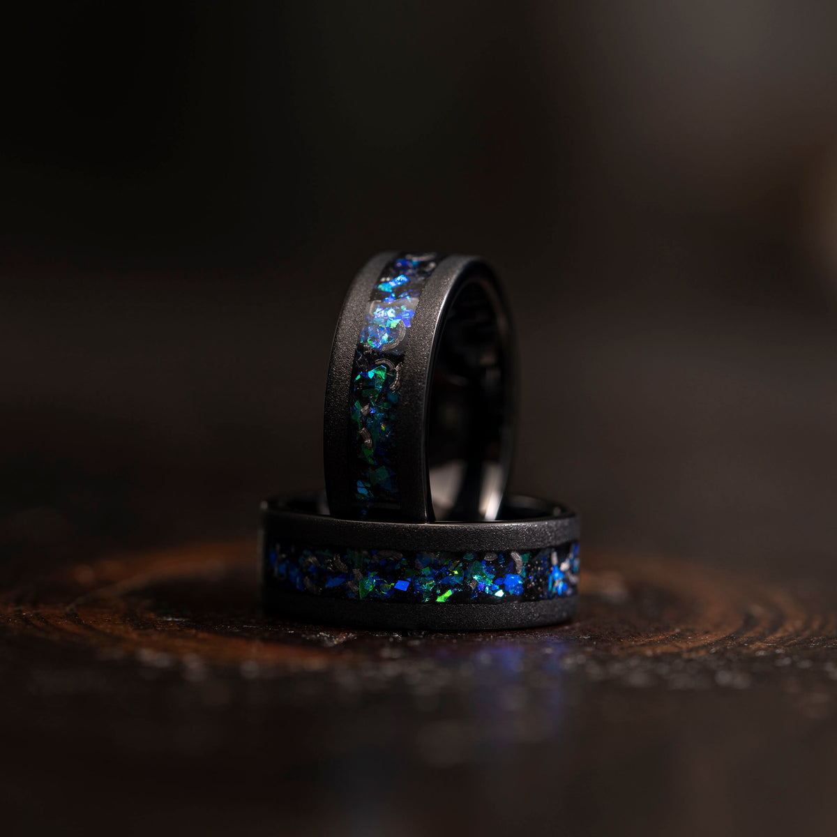 "Zeus" Flat Nebula Ring Green Blue- Meteorite and Opal- Black 8mm