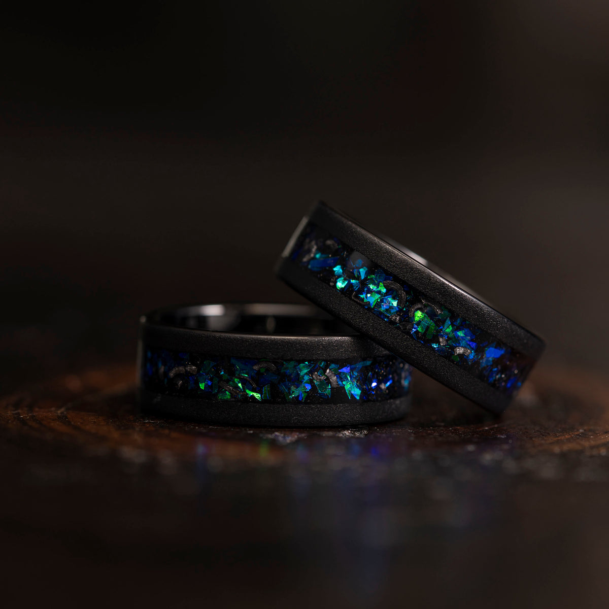 &quot;Zeus&quot; Flat Nebula Ring Green Blue- Meteorite and Opal- Black 8mm