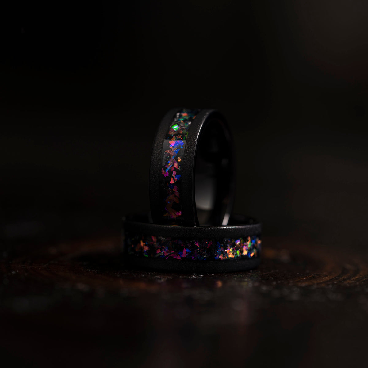 "Zeus" Flat Nebula Ring Purple- Meteorite and Opal- Black 8mm