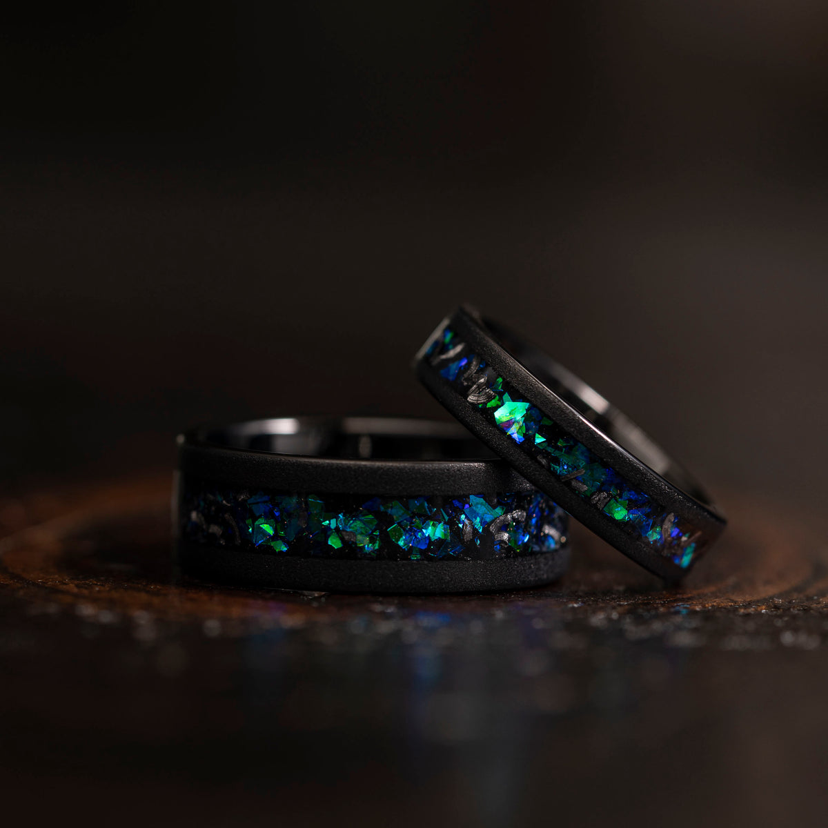 "Zeus" Flat Green Blue Nebula Ring- Meteorite and Opal- Black 5mm Womens