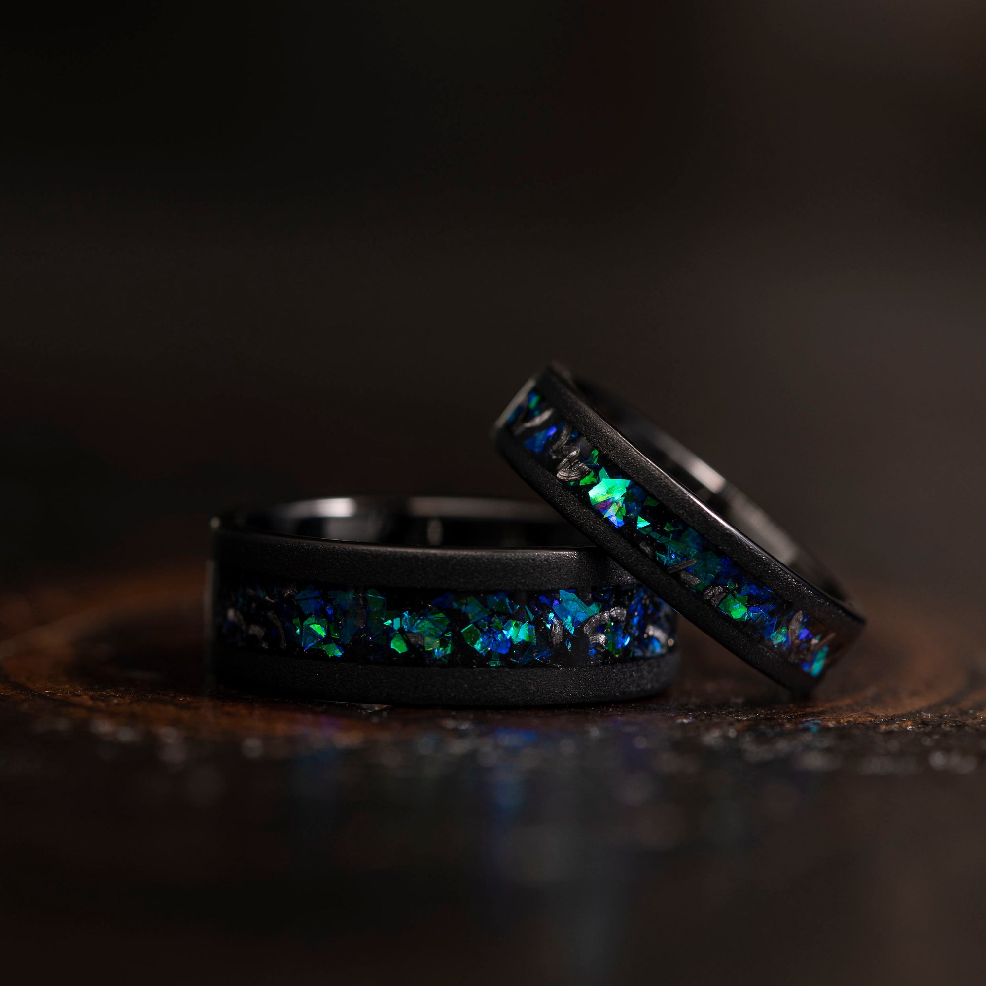 "Zeus" Flat Nebula Ring Green Blue- Meteorite and Opal- Black 8mm