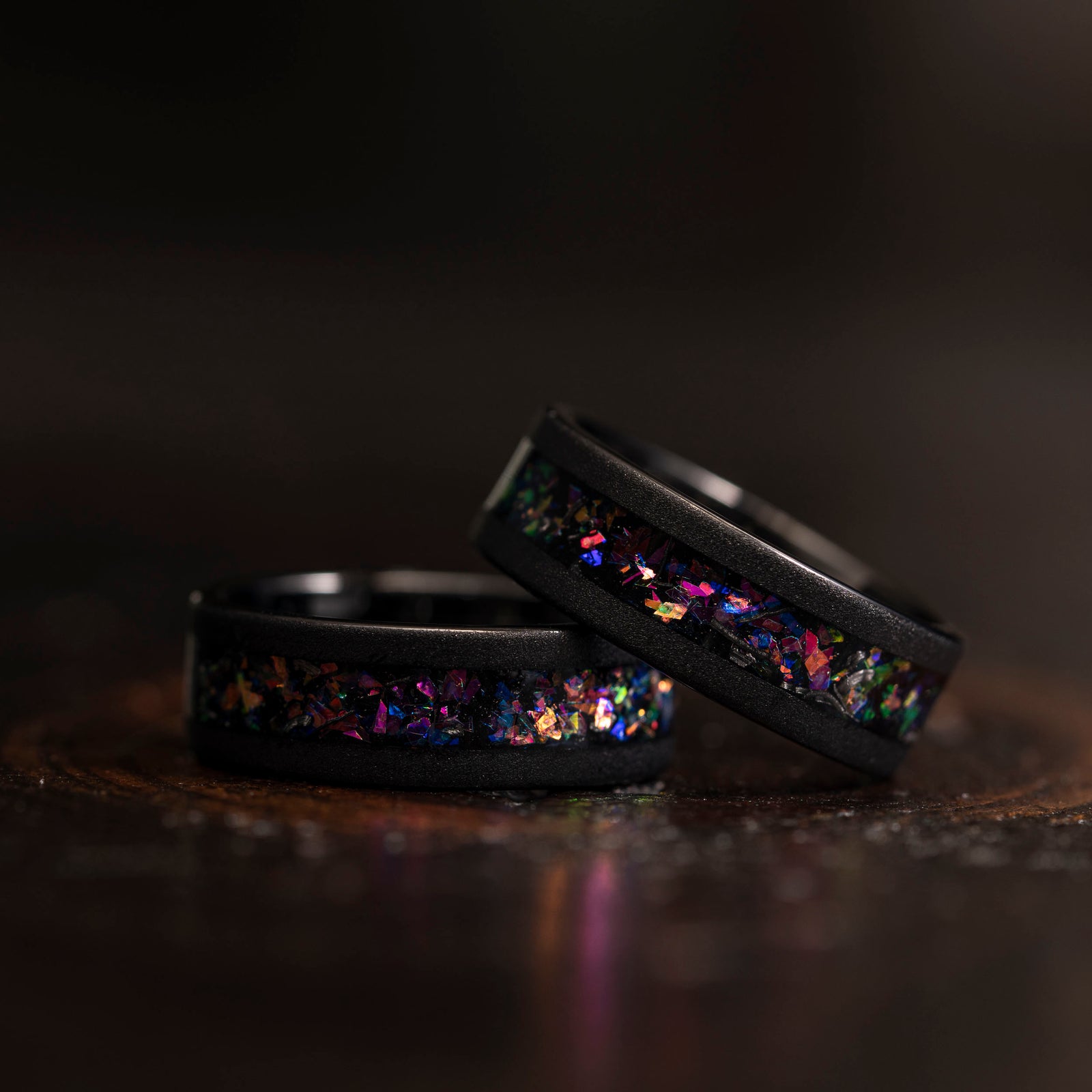 "Zeus" Flat Nebula Ring Purple- Meteorite and Opal- Black 8mm