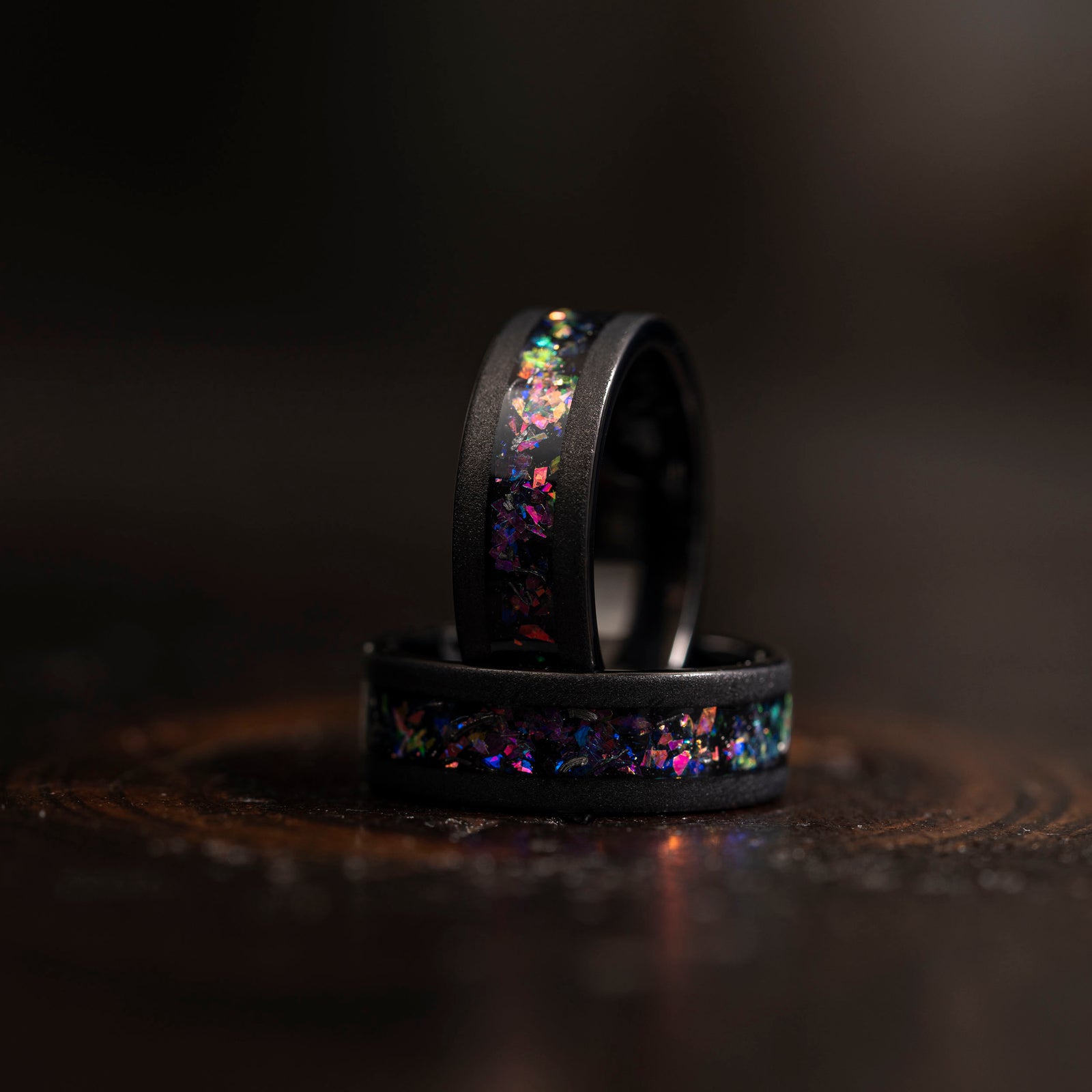 "Zeus" Flat Nebula Ring Purple- Meteorite and Opal- Black 8mm