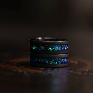"Zeus" Flat Nebula Ring Green Blue- Meteorite and Opal- Black 8mm