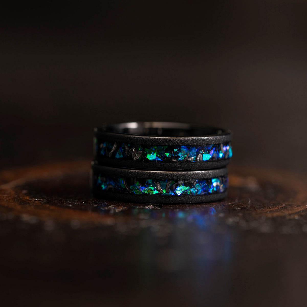 &quot;Zeus&quot; Flat Green Blue Nebula Ring- Meteorite and Opal- Black 5mm Womens