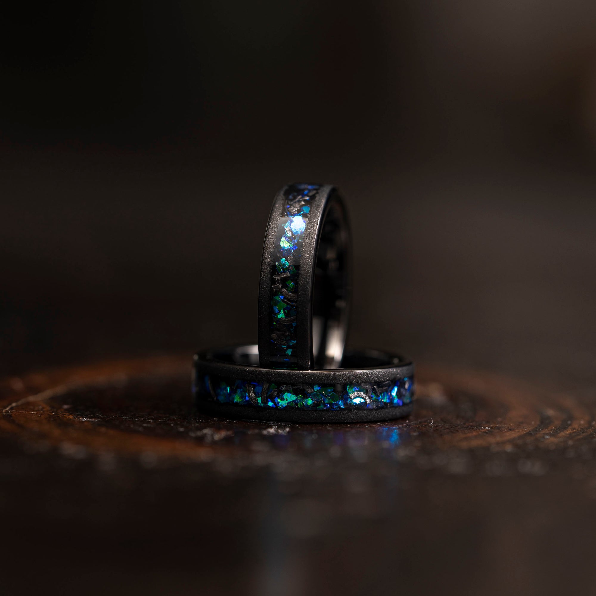 "Zeus" Flat Green Blue Nebula Ring- Meteorite and Opal- Black 5mm Womens