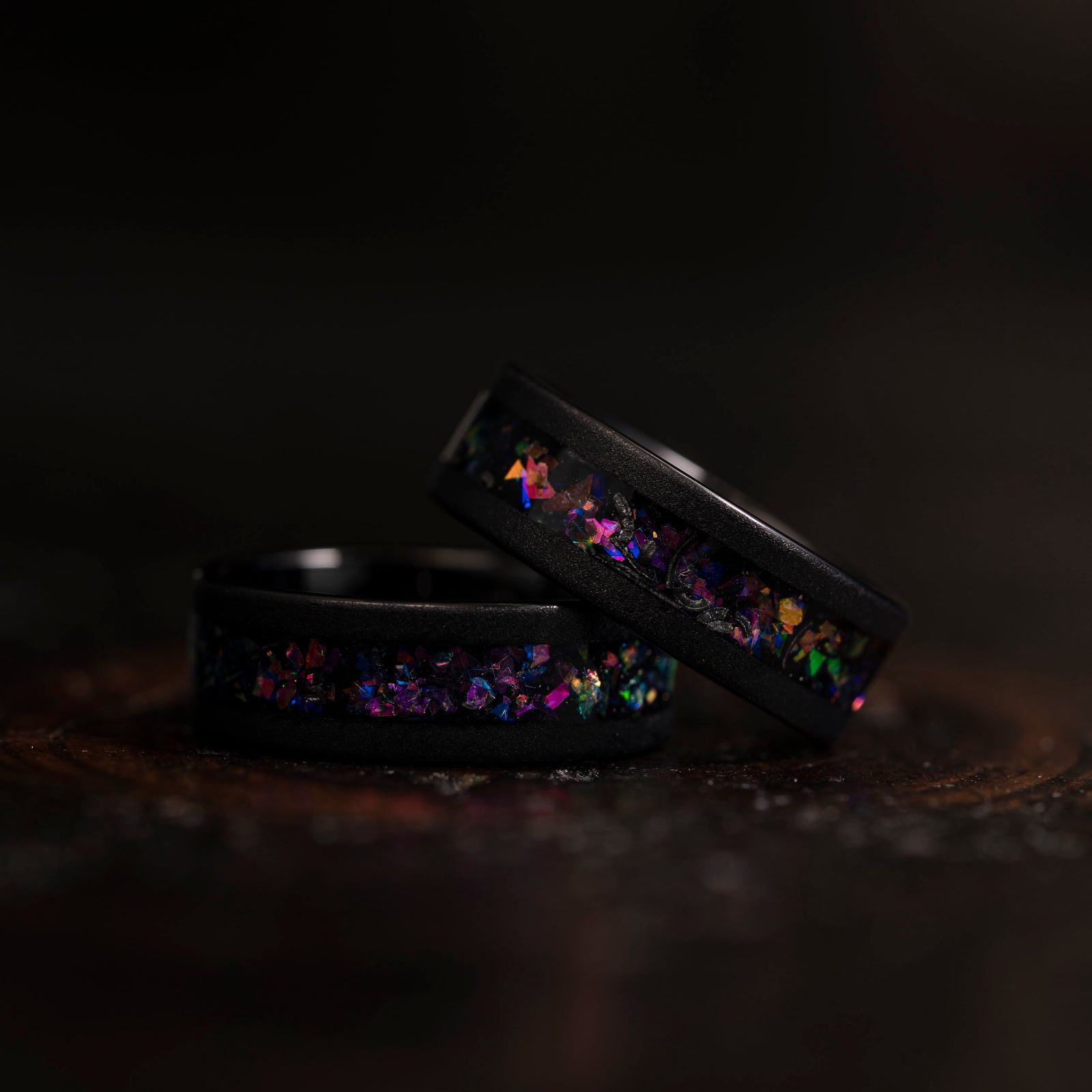 "Zeus" Flat Nebula Ring Purple- Meteorite and Opal- Black 8mm