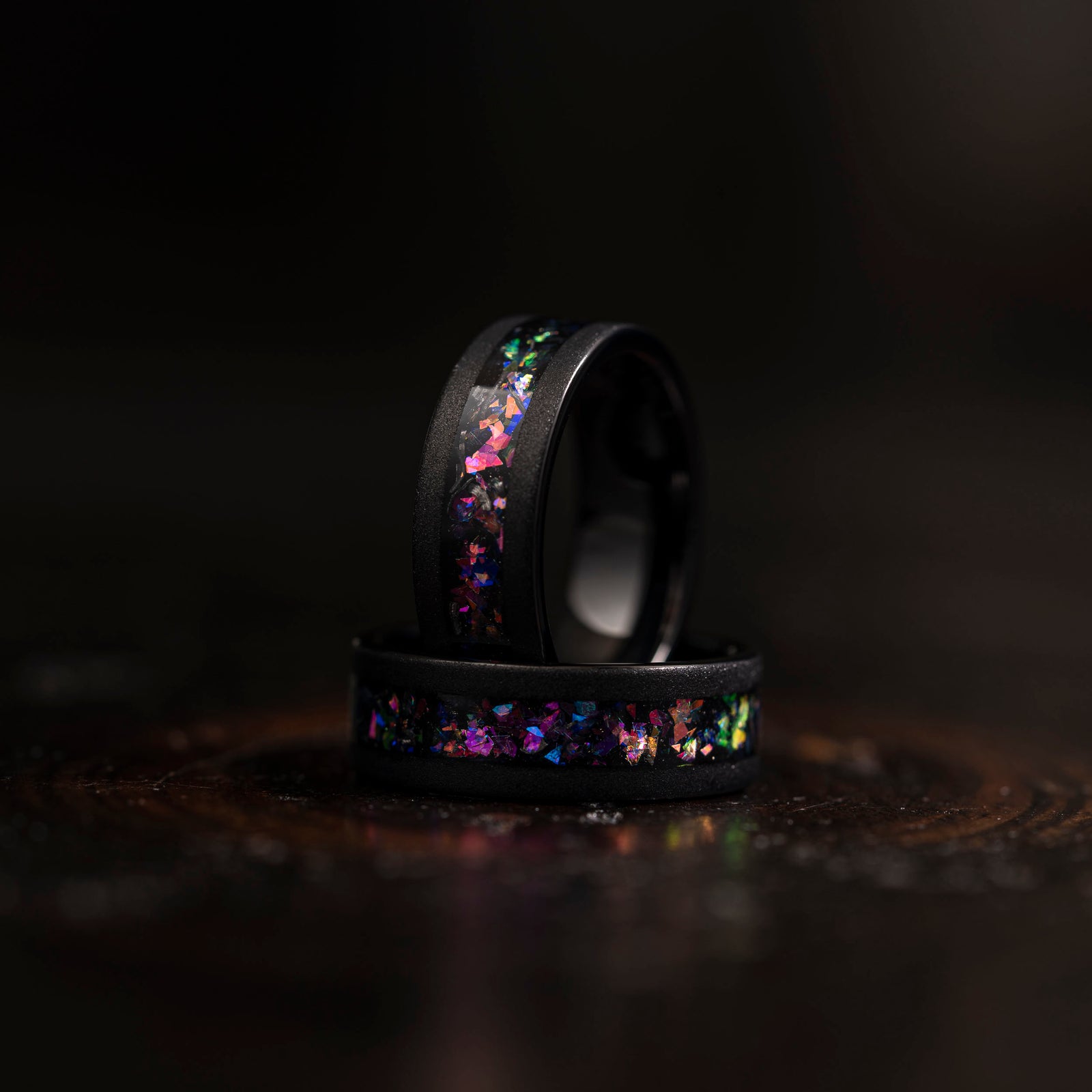 "Zeus" Flat Nebula Ring Purple- Meteorite and Opal- Black 8mm