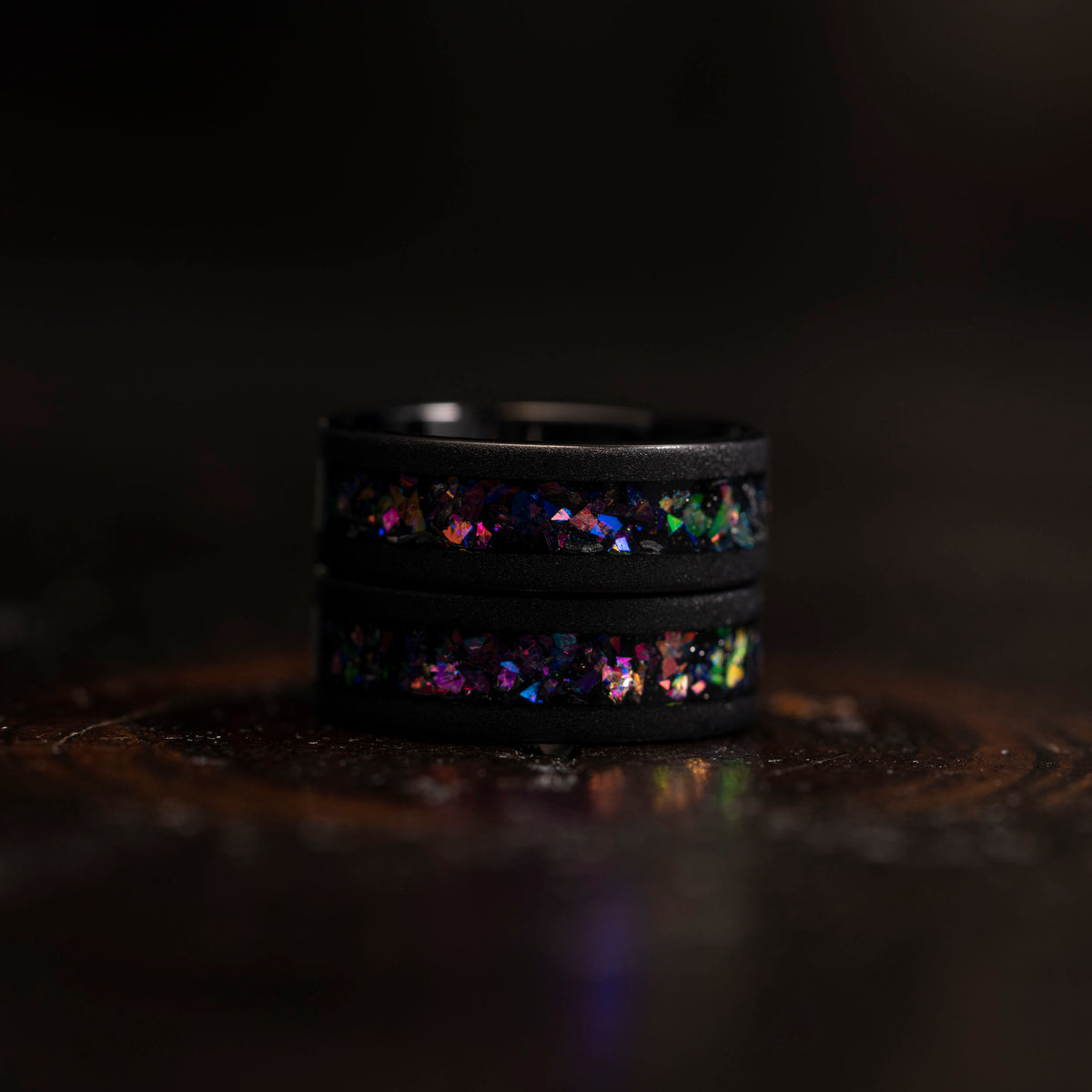 "Zeus" Flat Nebula Ring Purple- Meteorite and Opal- Black 8mm