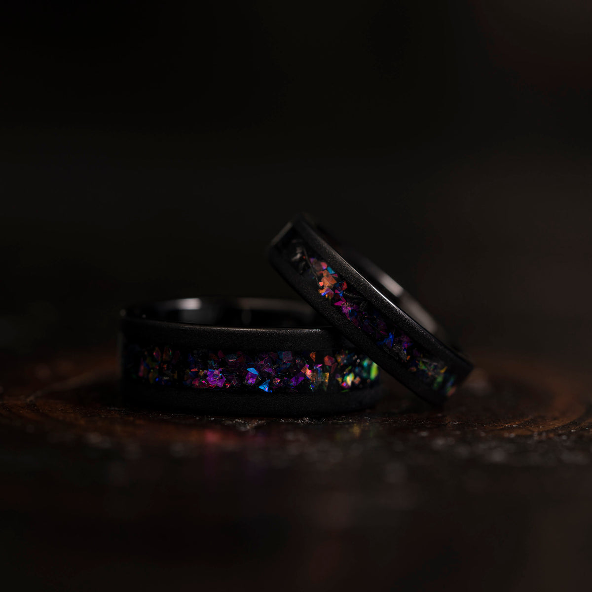 "Zeus" Flat Nebula Ring Purple- Meteorite and Opal- Black 8mm