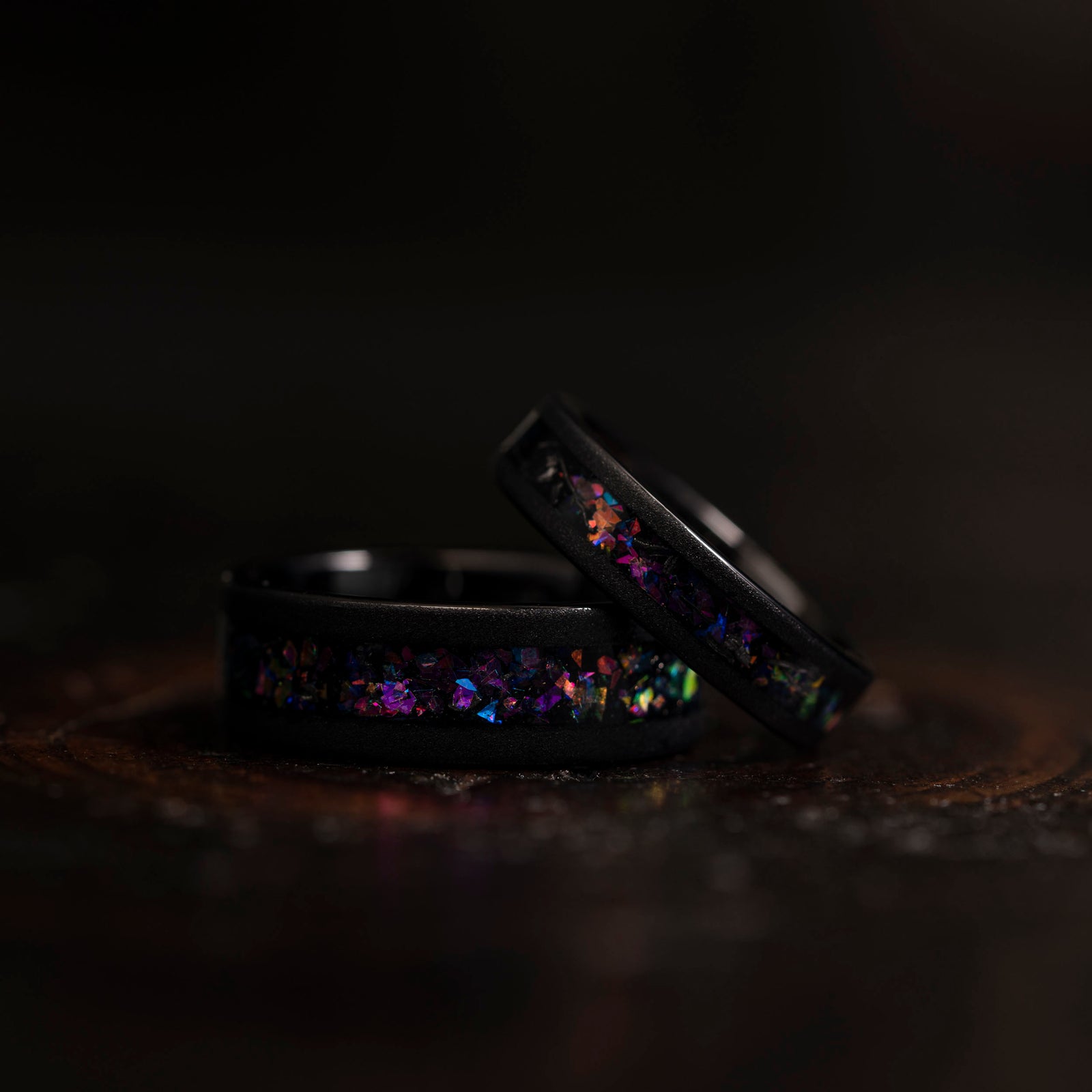 "Zeus" Flat Nebula Ring Purple- Meteorite and Opal- Black 8mm