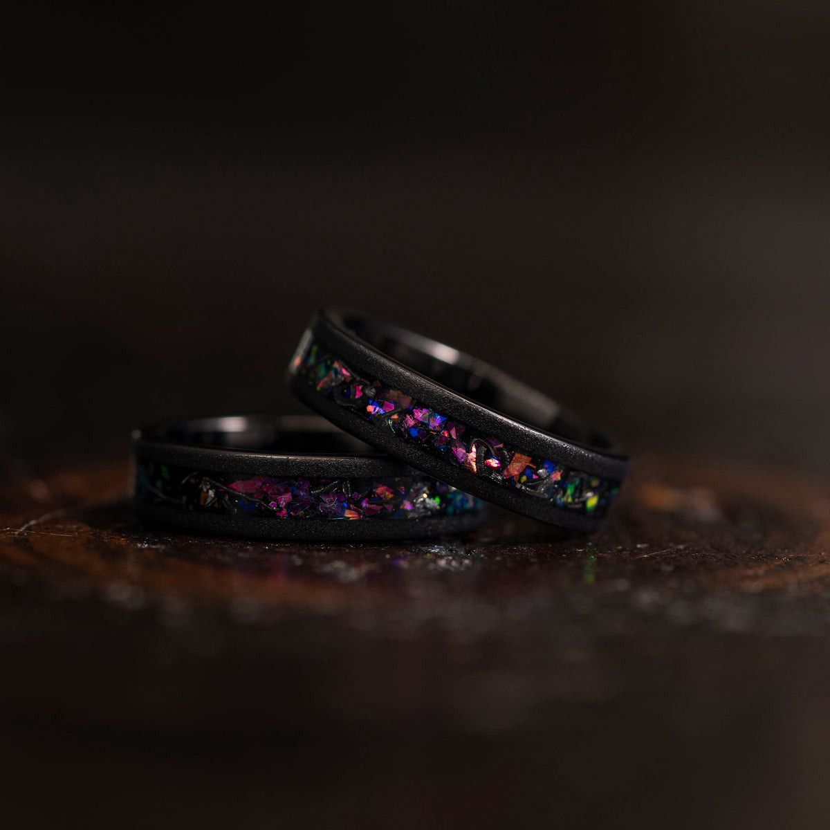 &quot;Zeus&quot; Flat Purple Nebula Ring- Meteorite and Opal- Black 5mm Womens