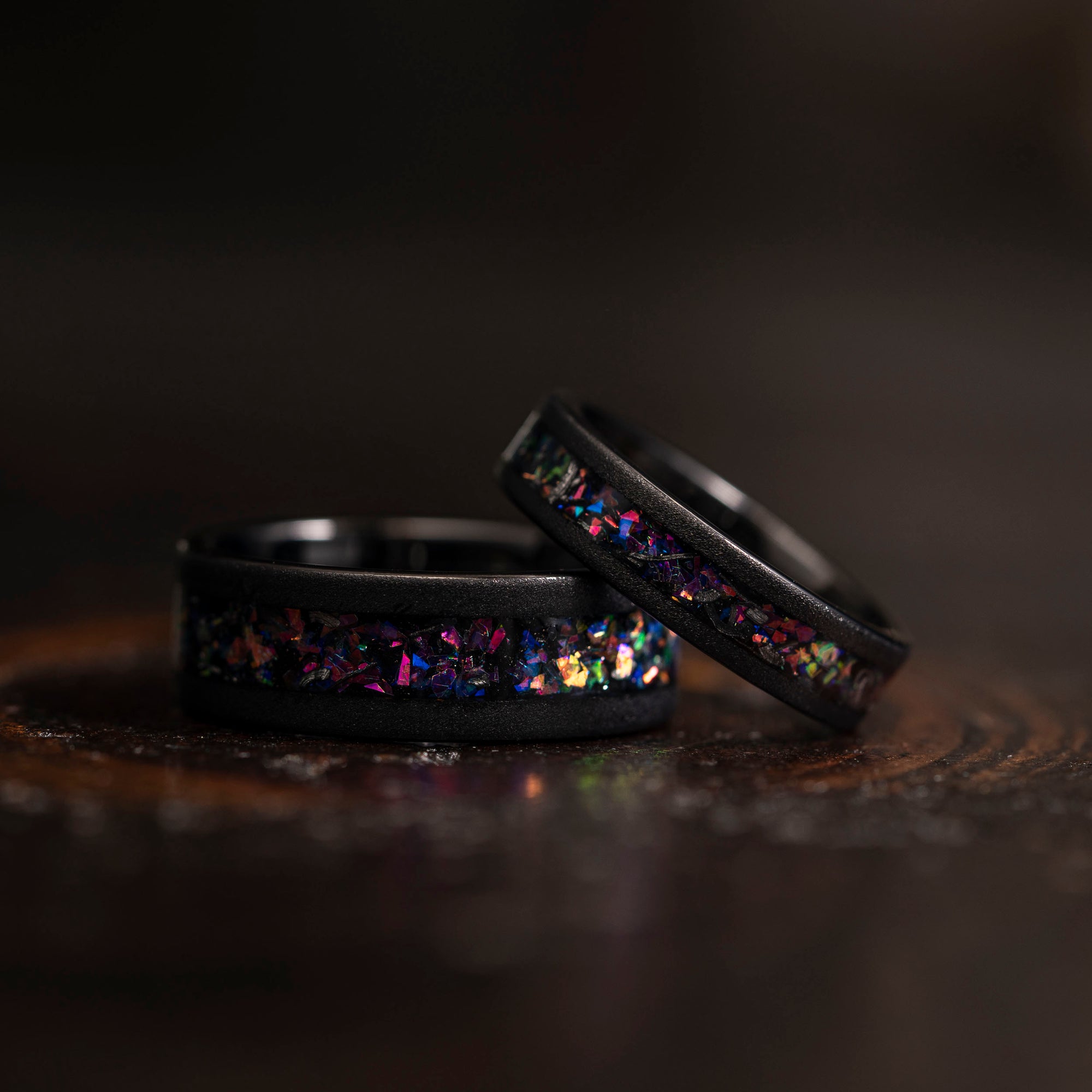 "Zeus" Flat Purple Nebula Ring- Meteorite and Opal- Black 5mm Womens