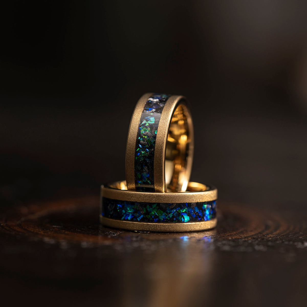 "Zeus" Flat Gold Nebula Ring Green Blue- Meteorite and Opal- Gold 8mm