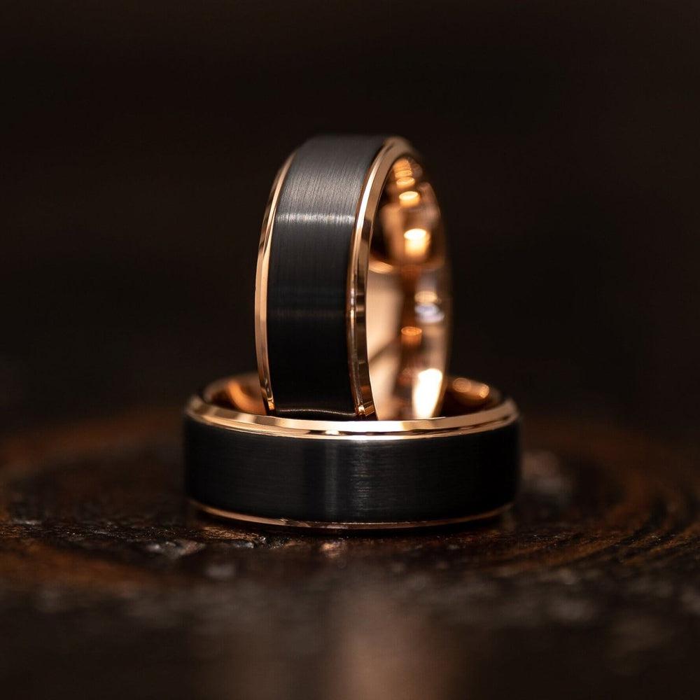 &quot;Apollo&quot; Tungsten Carbide Ring- Black w/ Rose Gold Strip- 8mm-Rings By Lux