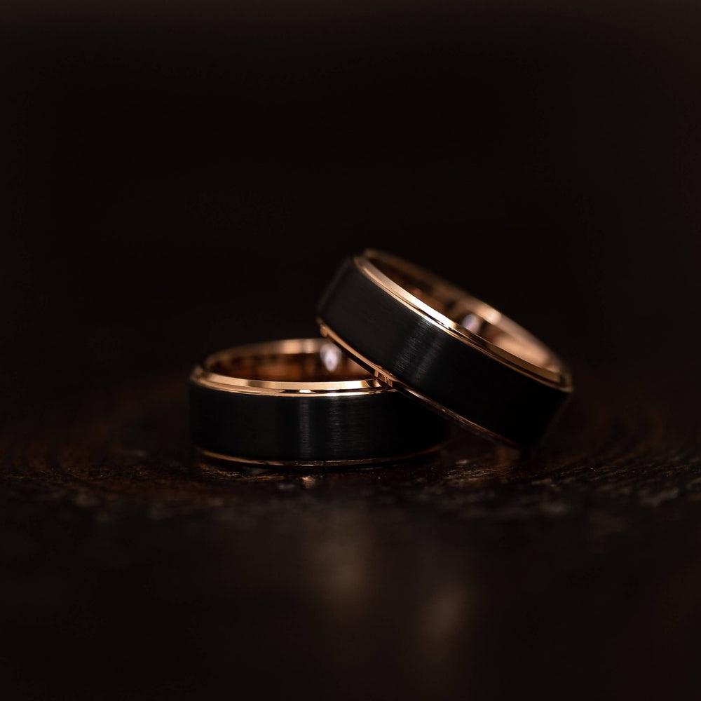 "Apollo" Tungsten Carbide Ring- Black w/ Rose Gold Strip- 8mm-Rings By Lux