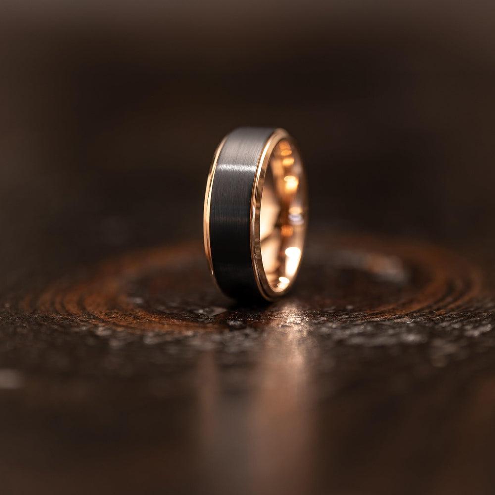 "Apollo" Tungsten Carbide Ring- Black w/ Rose Gold Strip- 8mm-Rings By Lux