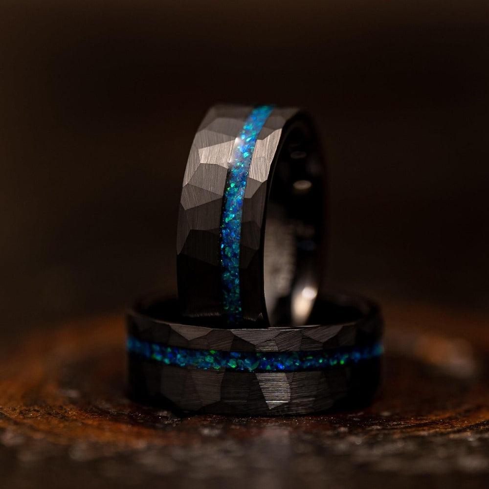 &quot;Zeus&quot; Hammered Tungsten Carbide Ring- Black w/ Blue Opal Strip- 8mm-Rings By Lux