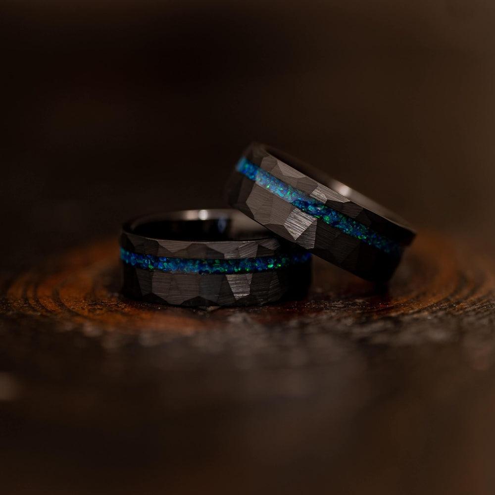 "Zeus" Hammered Tungsten Carbide Ring- Black w/ Blue Opal Strip- 8mm-Rings By Lux