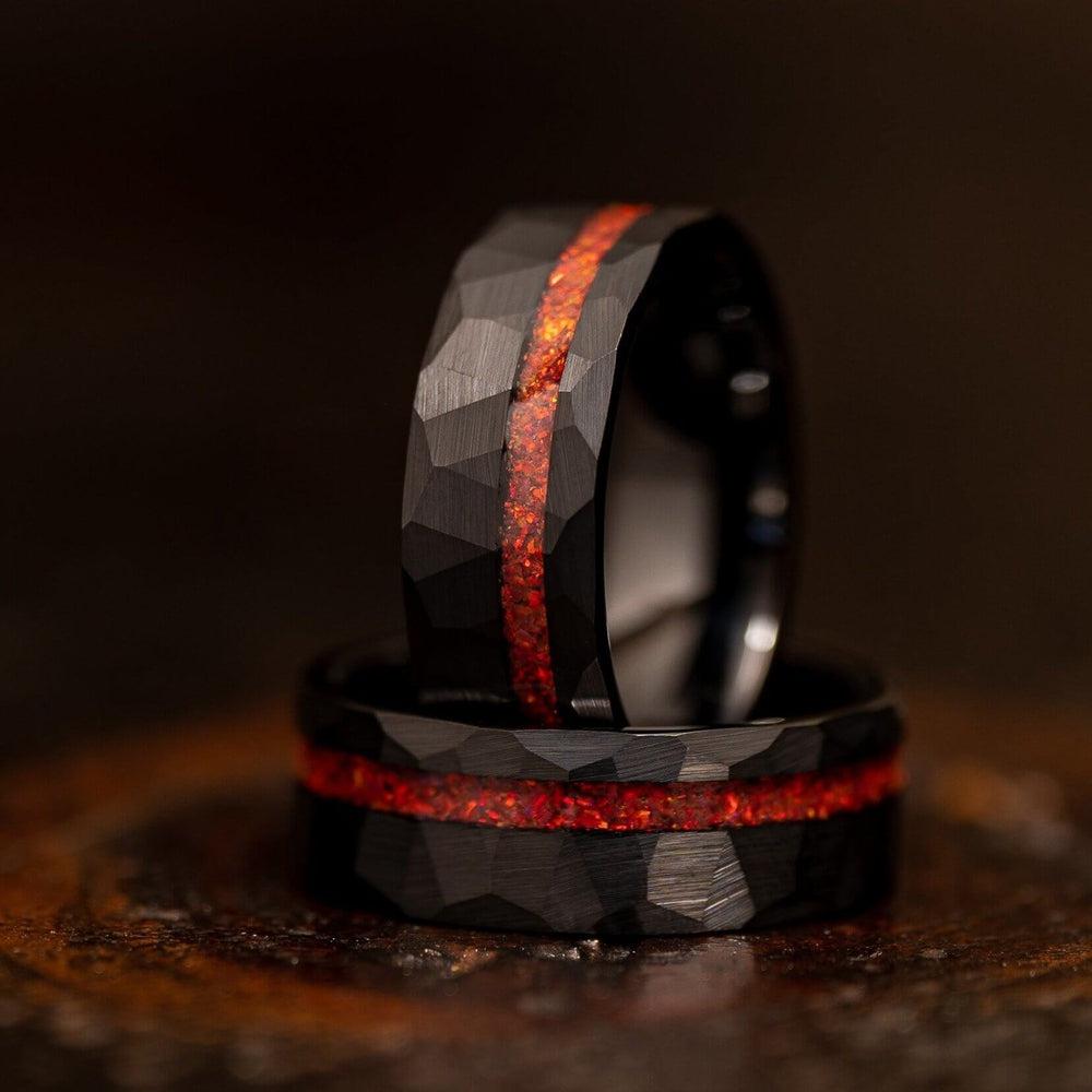 &quot;Zeus&quot; Hammered Tungsten Carbide Ring- Black w/ Red Opal Strip- 8mm-Rings By Lux