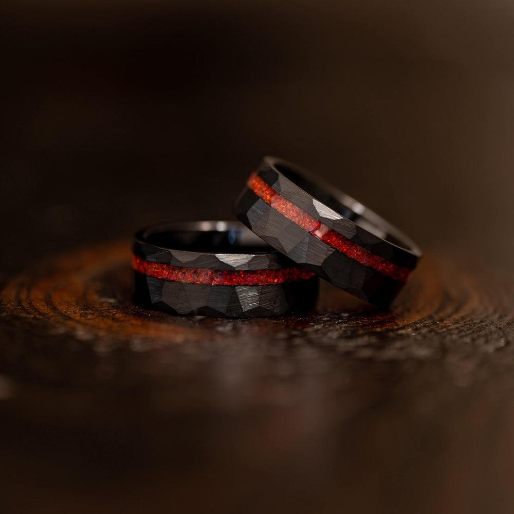 "Zeus" Hammered Tungsten Carbide Ring- Black w/ Red Opal Strip- 8mm-Rings By Lux