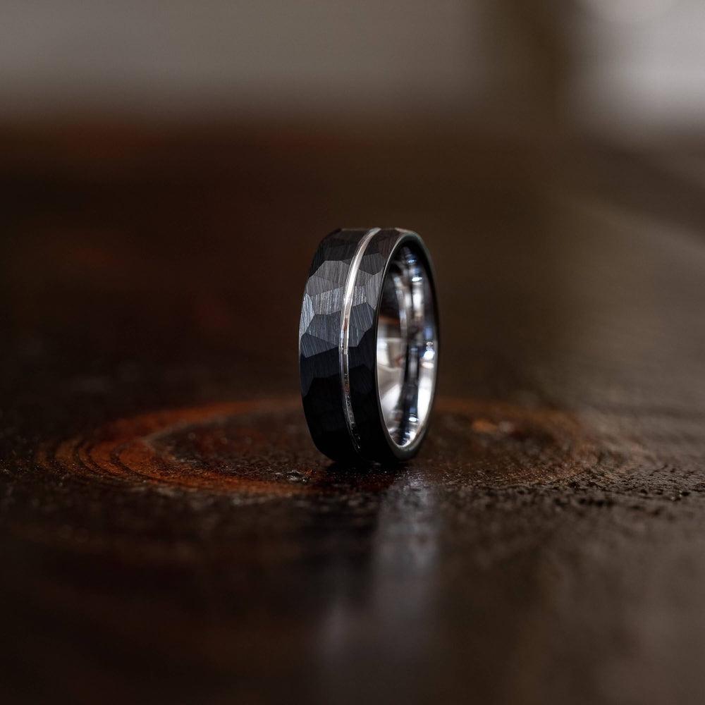 "Zeus" Hammered Tungsten Carbide Ring- Black w/ White Gold Strip- 8mm-Rings By Lux