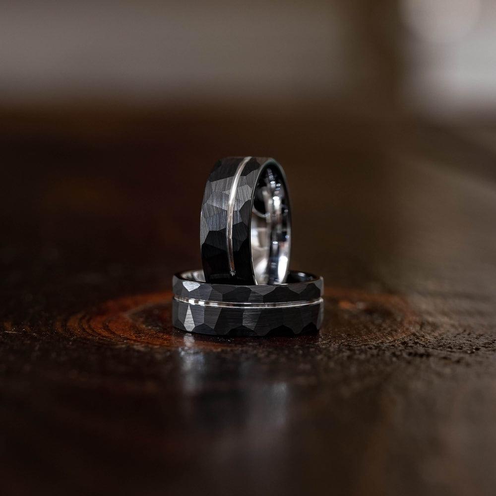 "Zeus" Hammered Tungsten Carbide Ring- Black w/ White Gold Strip- 8mm-Rings By Lux