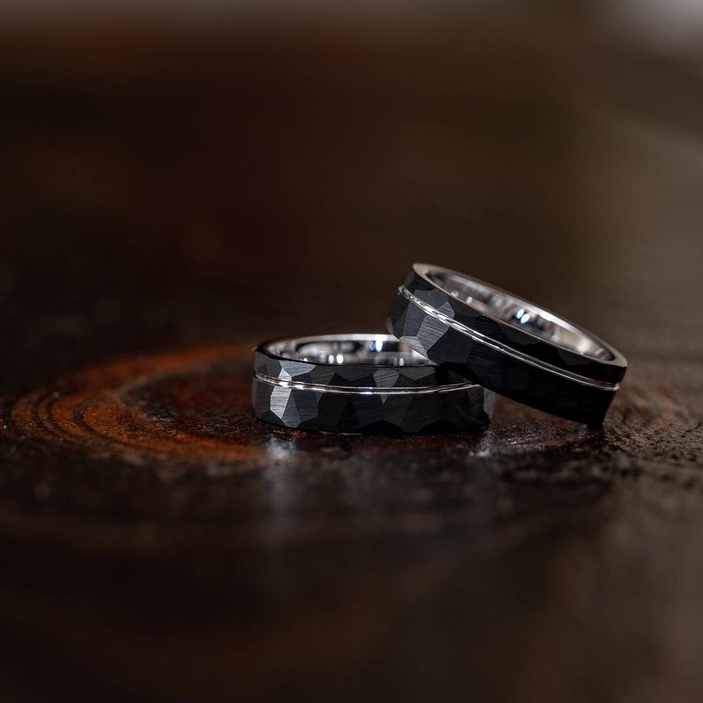 "Zeus" Hammered Tungsten Carbide Ring- Black w/ White Gold Strip- 8mm-Rings By Lux